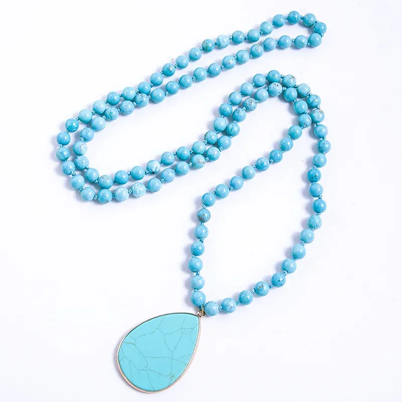 8mm Picture Jaspers, Howlite, Turquoise Beads Knotted Necklace Meditation Yoga Jewelry