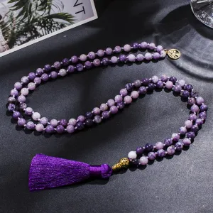 8mm Purple Lepidolite Beaded Knotted 108 Mala Necklace Meditation Yoga Prayer Jewelry