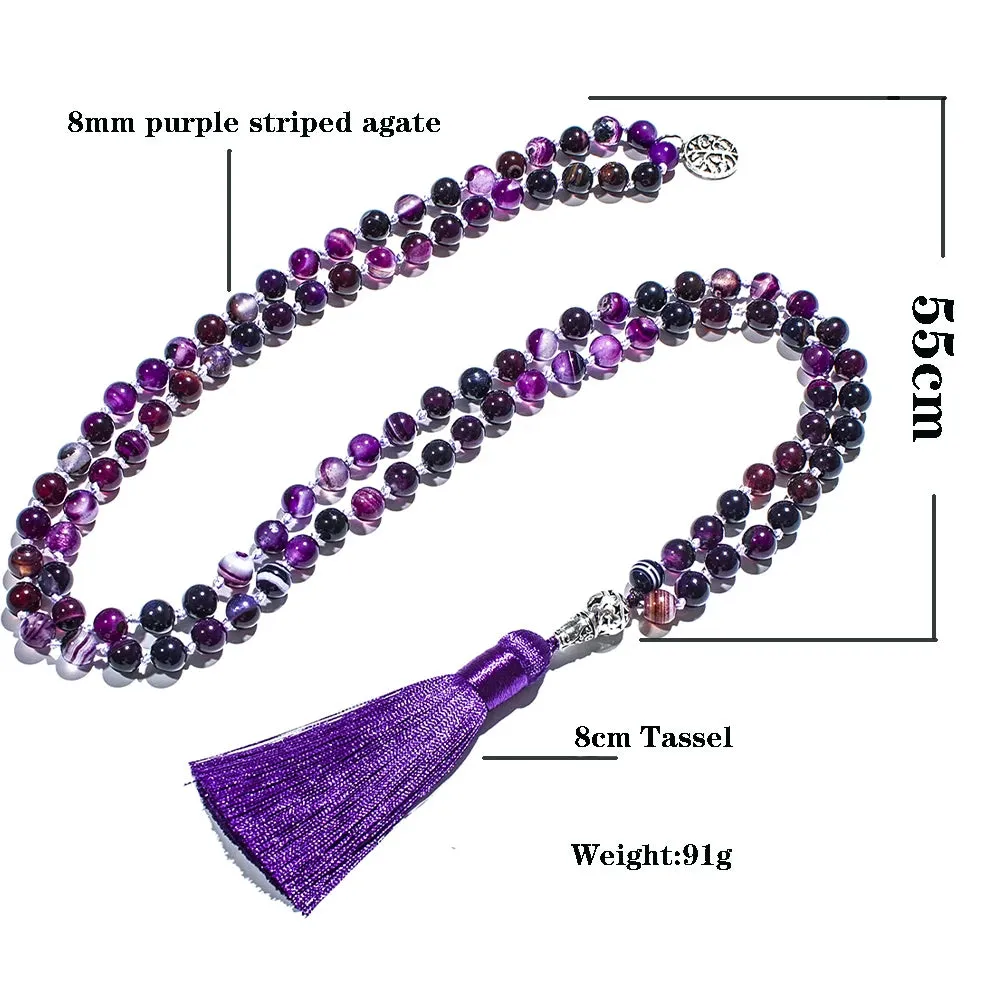 8mm Purple Striped Agate Knotted 108 Mala Beaded Necklace Meditation Yoga Prayer Japamala Jewelry