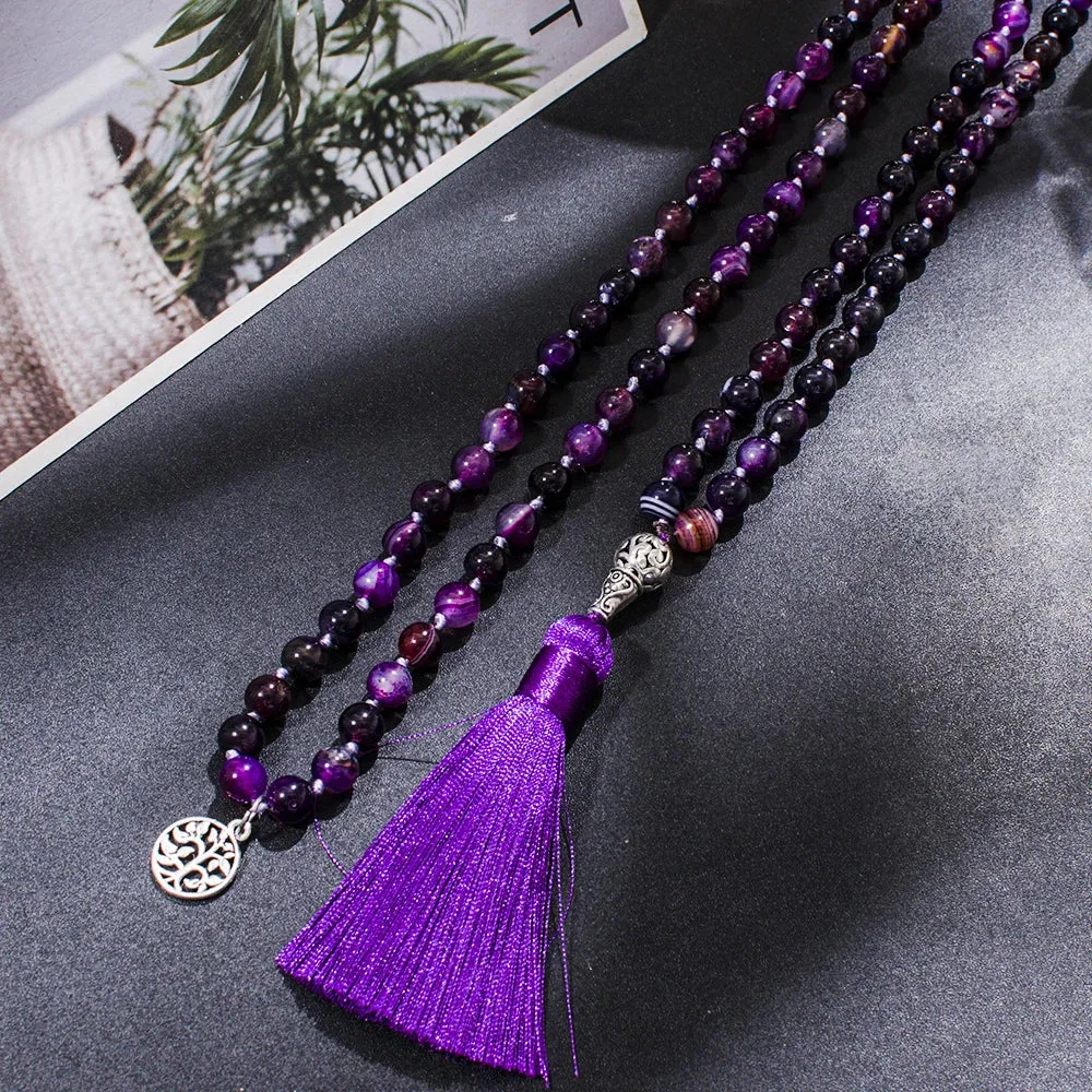 8mm Purple Striped Agate Knotted 108 Mala Beaded Necklace Meditation Yoga Prayer Japamala Jewelry