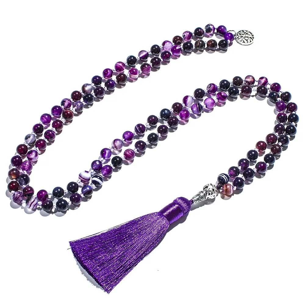 8mm Purple Striped Agate Knotted 108 Mala Beaded Necklace Meditation Yoga Prayer Japamala Jewelry