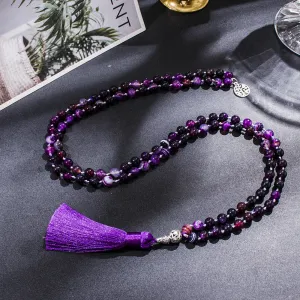 8mm Purple Striped Agate Knotted 108 Mala Beaded Necklace Meditation Yoga Prayer Japamala Jewelry
