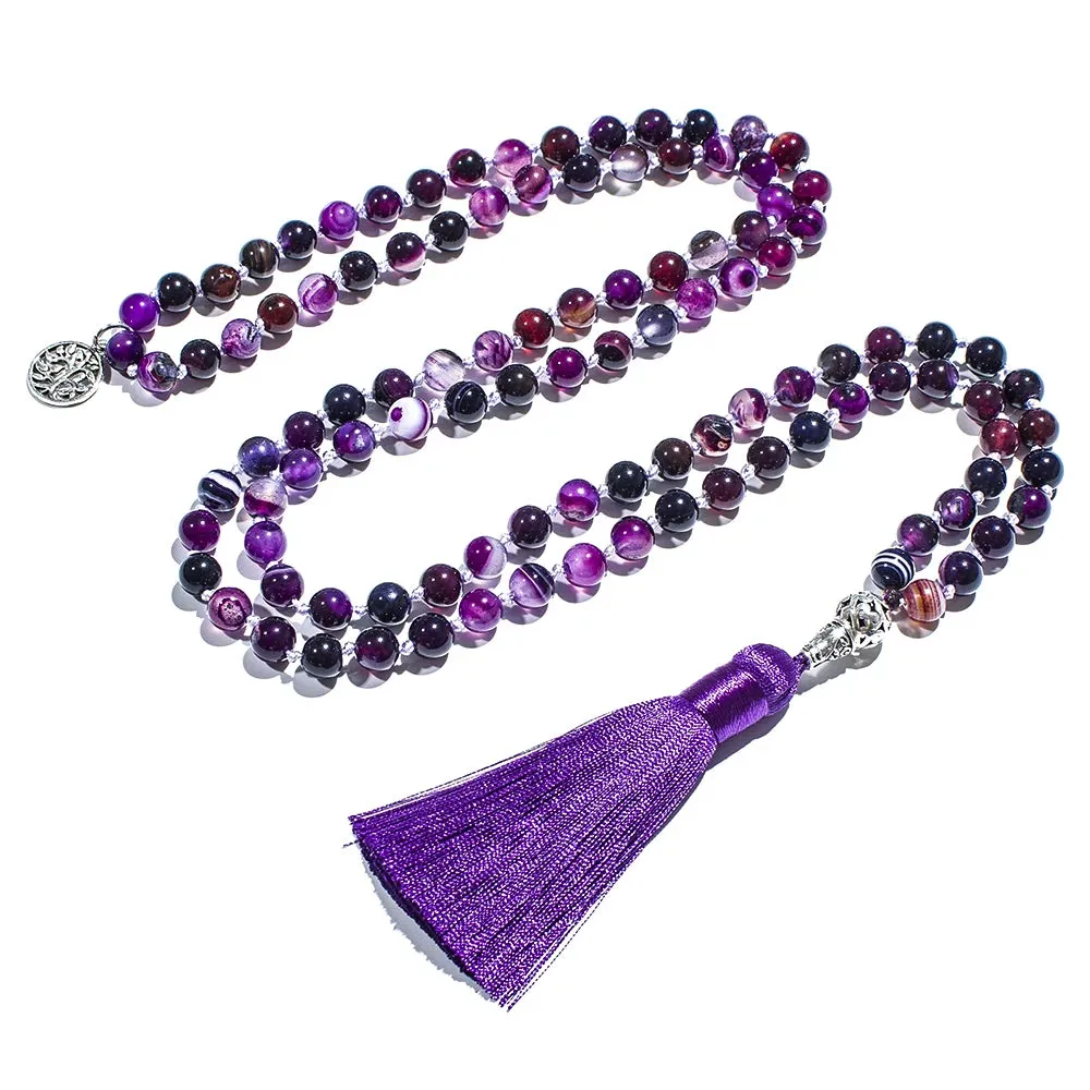 8mm Purple Striped Agate Knotted 108 Mala Beaded Necklace Meditation Yoga Prayer Japamala Jewelry