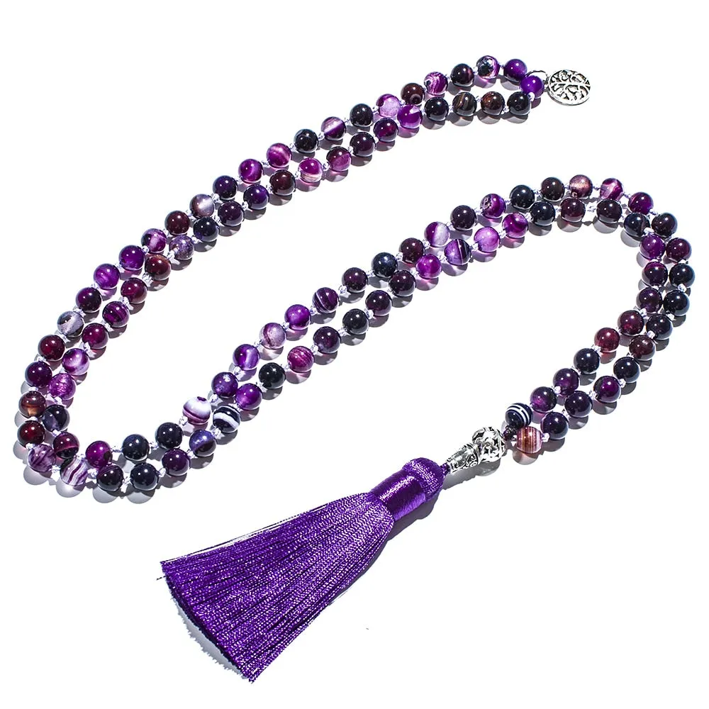 8mm Purple Striped Agate Knotted 108 Mala Beaded Necklace