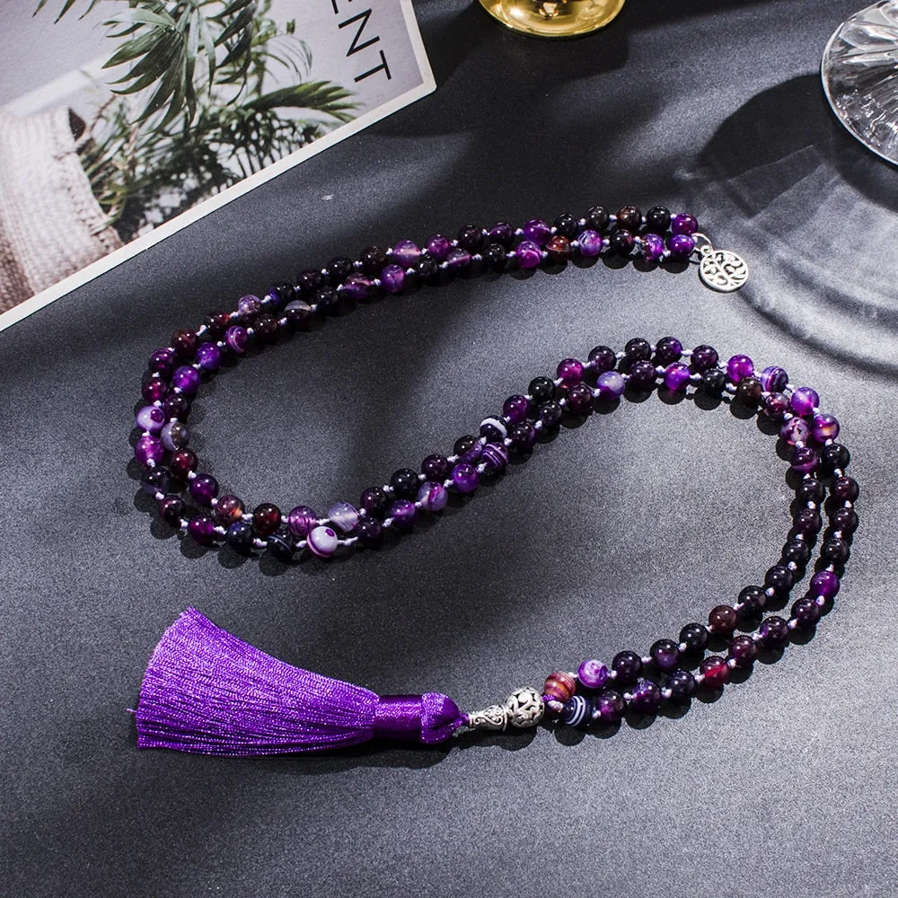 8mm Purple Striped Agate Knotted 108 Mala Beaded Necklace