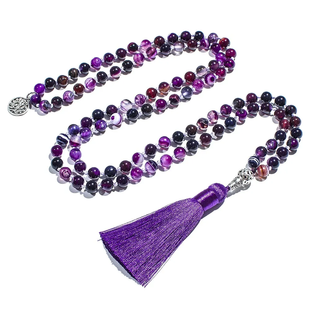 8mm Purple Striped Agate Knotted 108 Mala Beaded Necklace