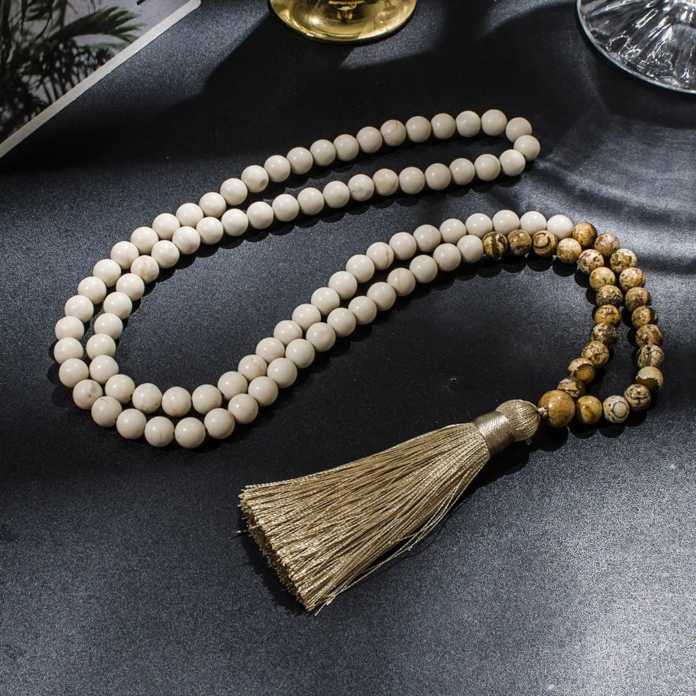 8mm White Fossil Picture Jasper Beaded 108 Mala Necklace