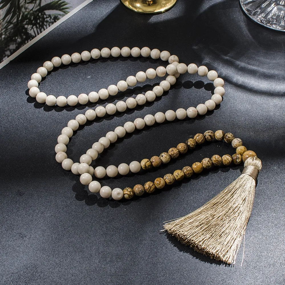 8mm White Fossil Picture Jasper Beaded 108 Mala Necklace