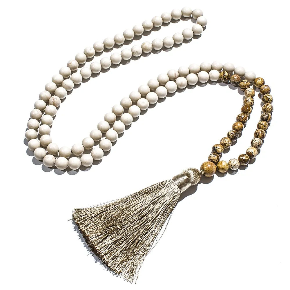 8mm White Fossil Picture Jasper Beaded 108 Mala Necklace