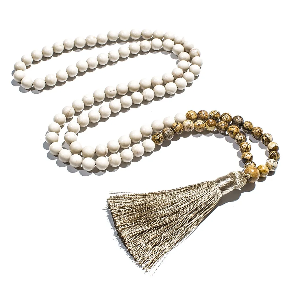8mm White Fossil Picture Jasper Beaded 108 Mala Necklace