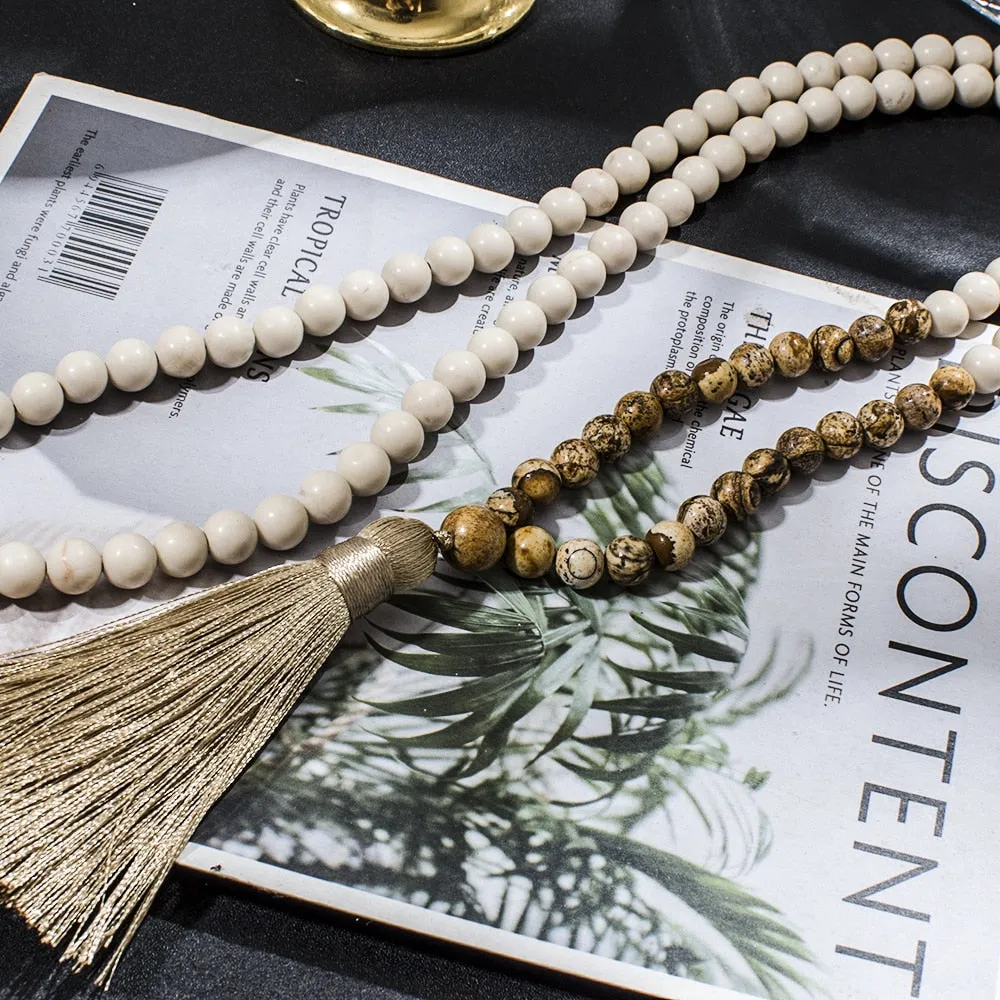 8mm White Fossil Picture Jasper Beaded 108 Mala Necklace