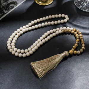 8mm White Fossil Picture Jasper Beaded 108 Mala Necklace