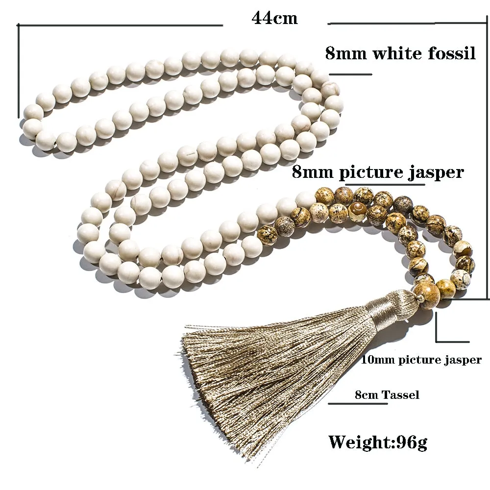 8mm White Fossil Picture Jasper Beaded 108 Mala Necklace