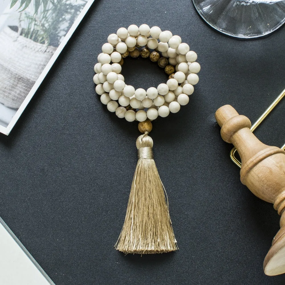 8mm White Fossil Picture Jasper Beaded 108 Mala Necklace