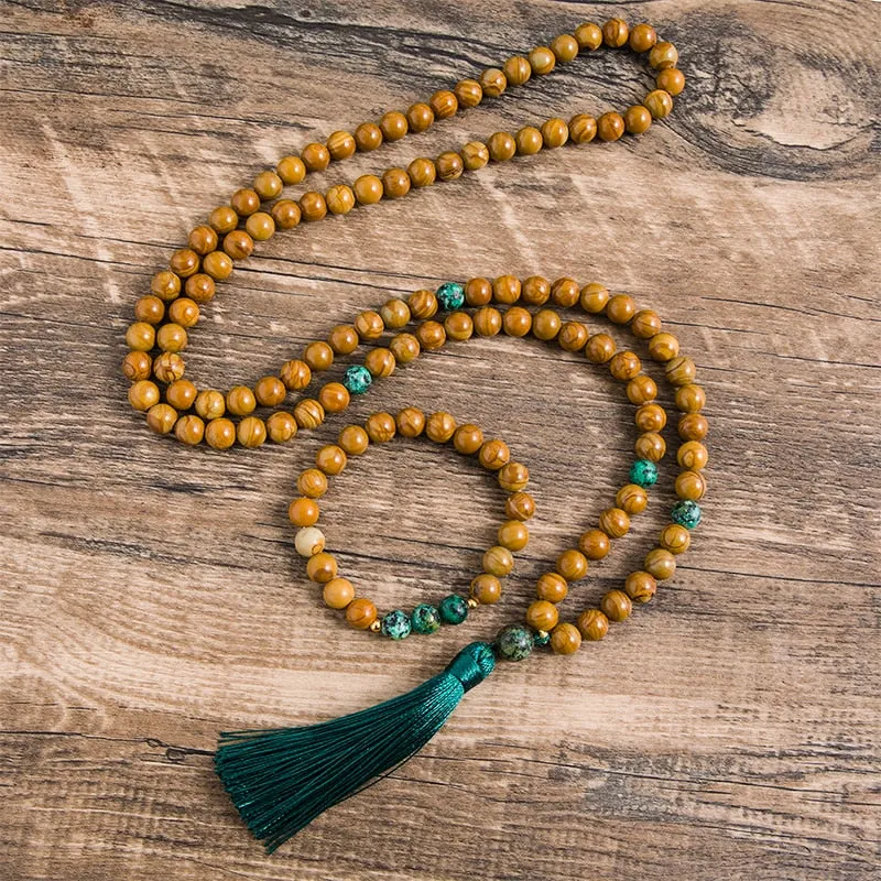 8mm Yellow Wood Jasper  Stone African Turquoise Beaded Necklace