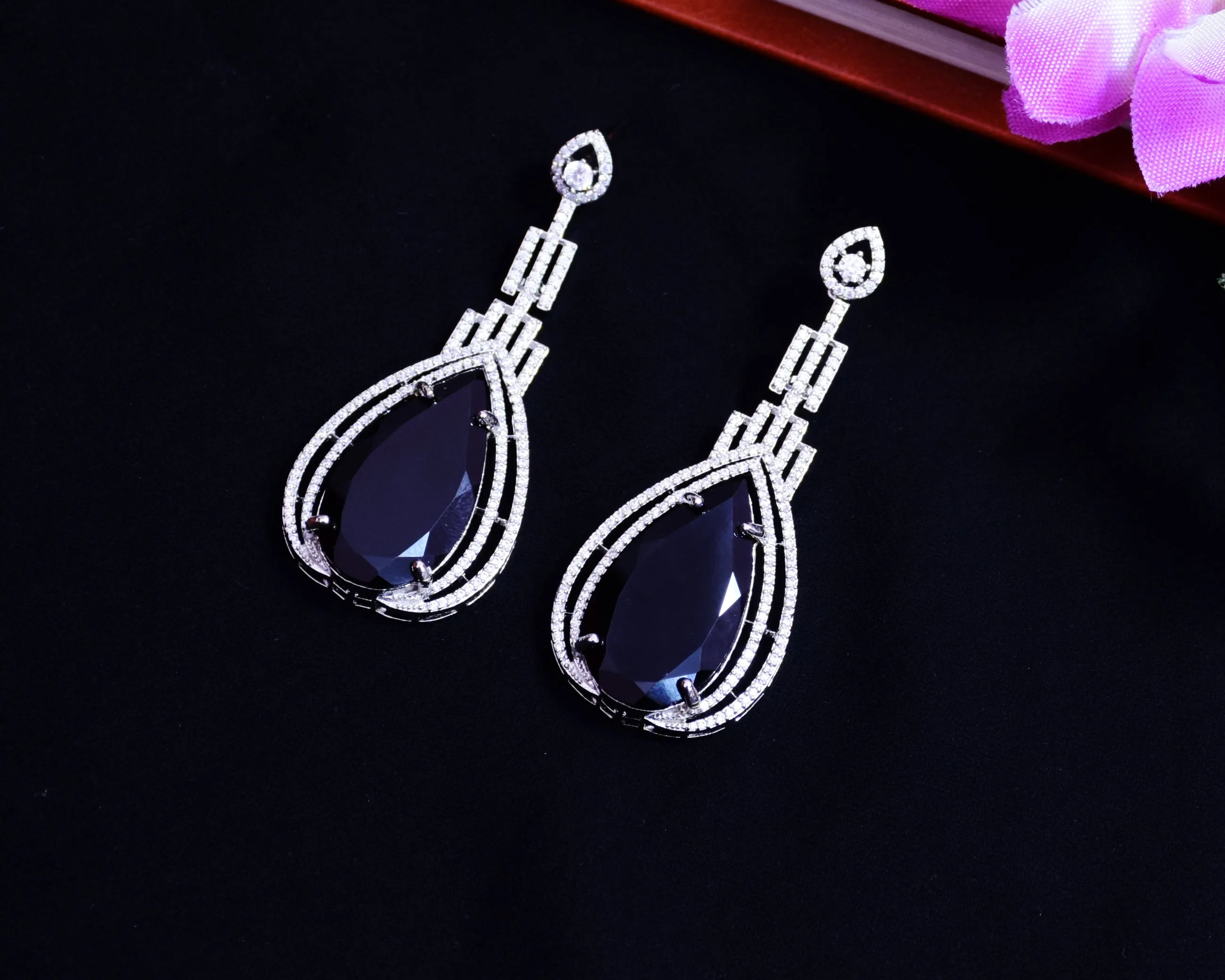 American Diamond Designer Earrings With Color Stone For Women