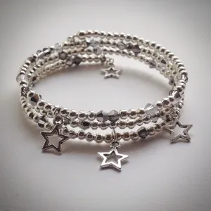 Beaded memory wire bracelet - triple wrap silver with Swarovski and stars
