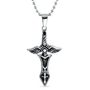 Biker Jewelry Men's Royal Sword & Angel Wings Cross Necklace Black Silver Tone Steel