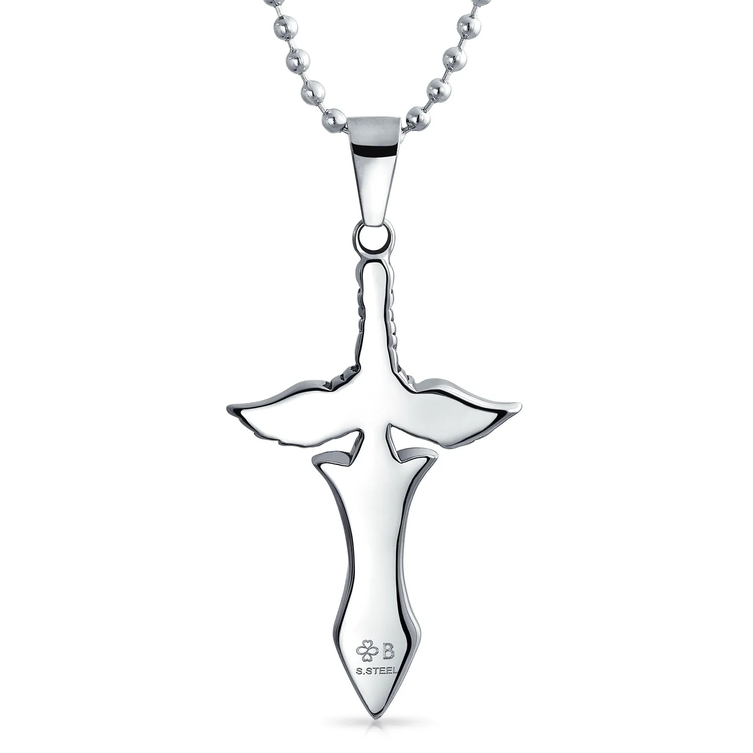 Biker Jewelry Men's Royal Sword & Angel Wings Cross Necklace Black Silver Tone Steel