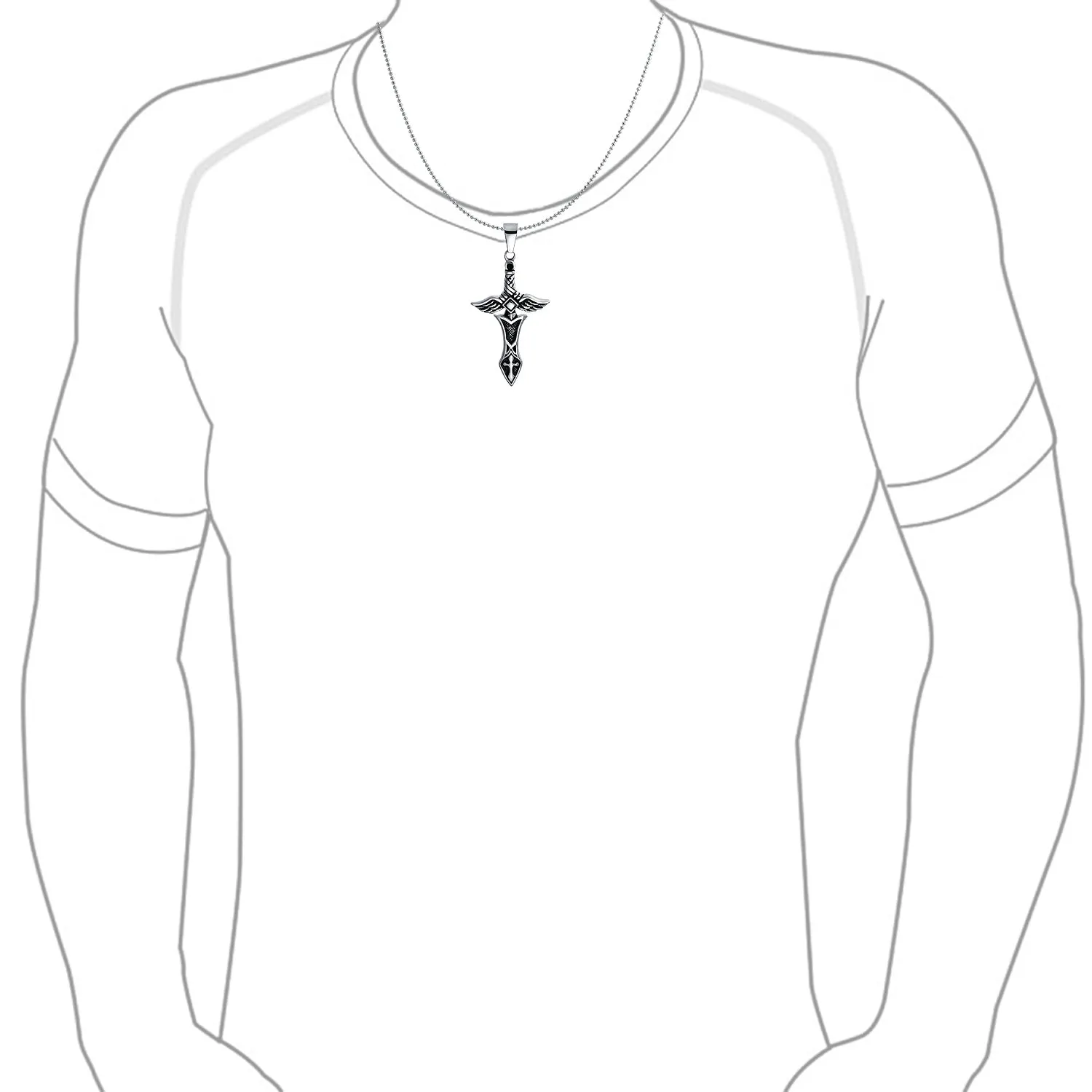 Biker Jewelry Men's Royal Sword & Angel Wings Cross Necklace Black Silver Tone Steel