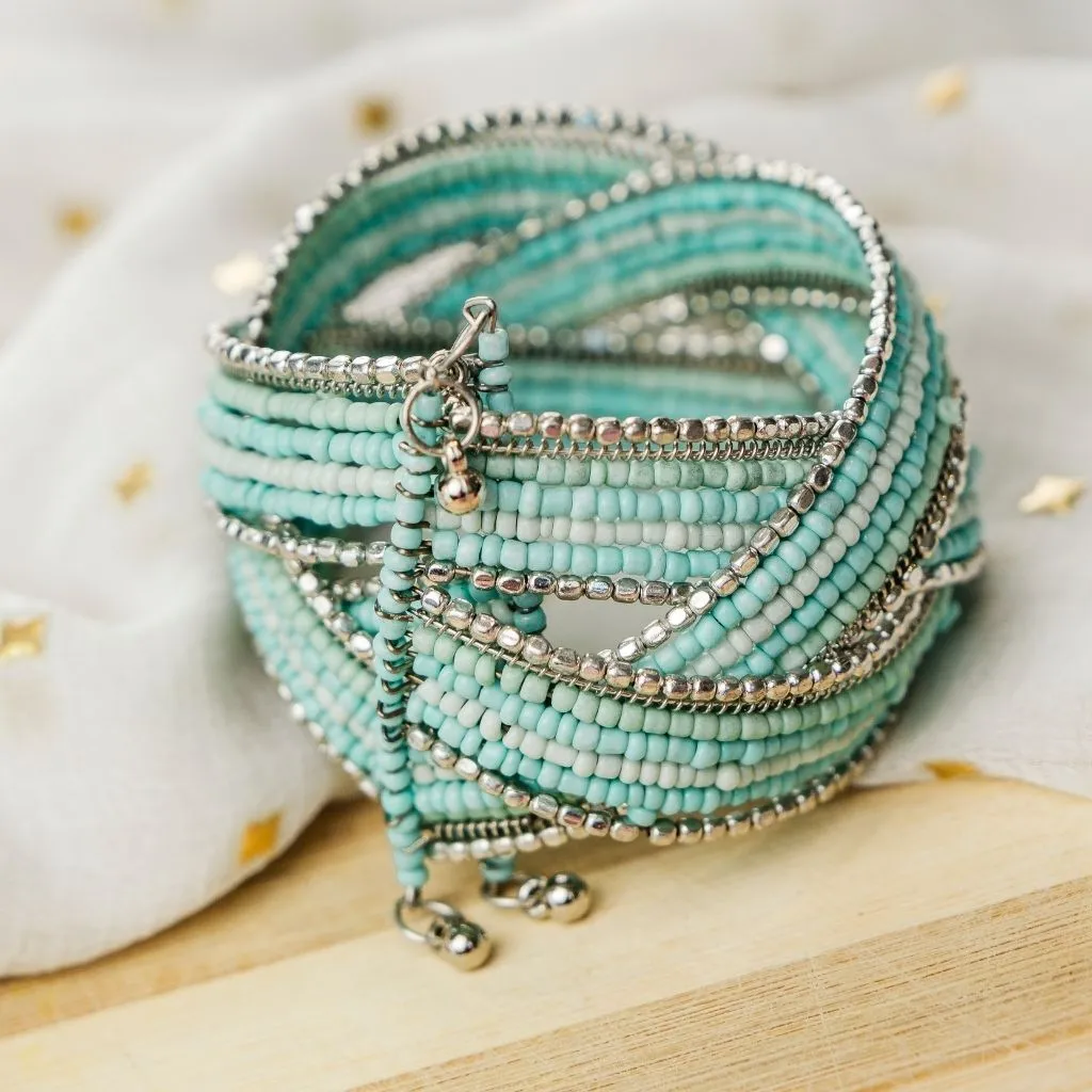 Blue Orange Golden Pearl Thick Open Cuff Ethnic Boho Gypsy Bridal Kada Bangle