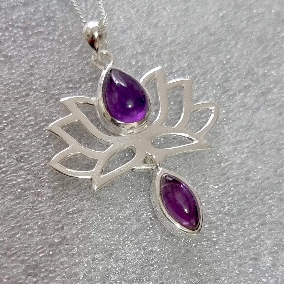 Cabochon Amethyst Sterling Silver Lotus Flower Pendant, P6A