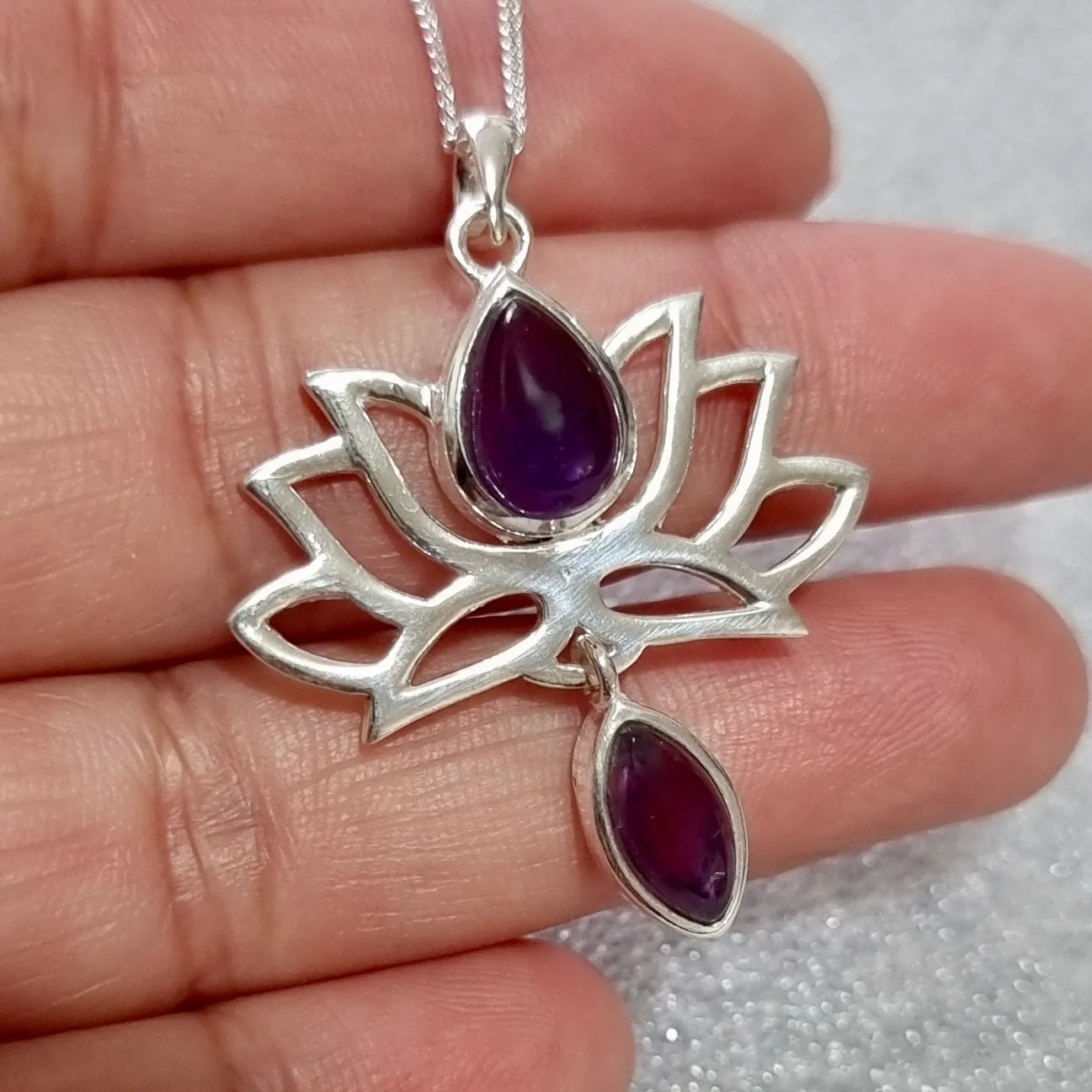 Cabochon Amethyst Sterling Silver Lotus Flower Pendant, P6A