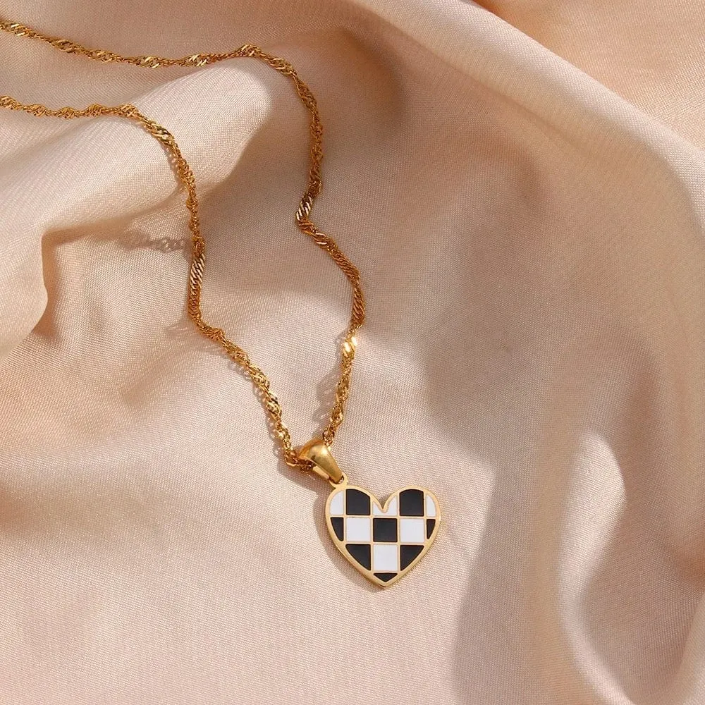 Checkered Enamel Heart Necklace