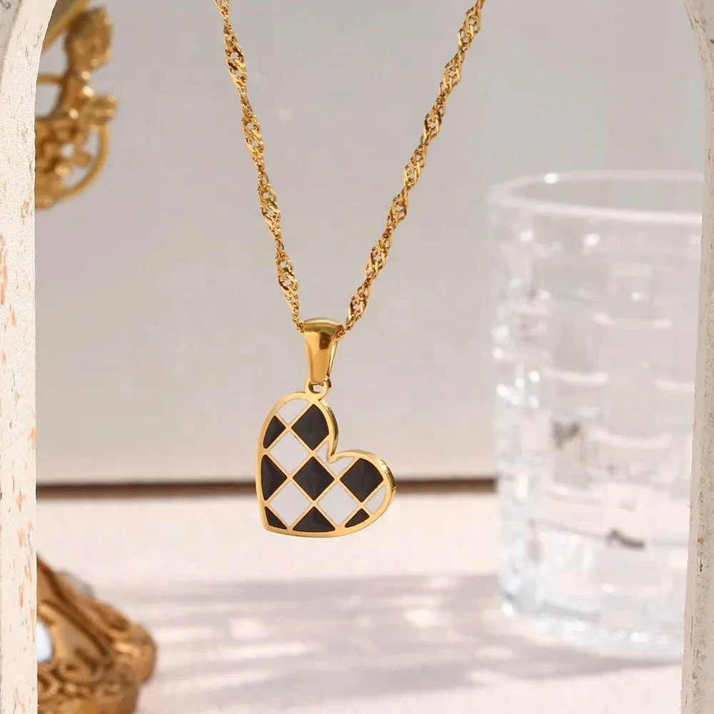 Checkered Enamel Heart Necklace