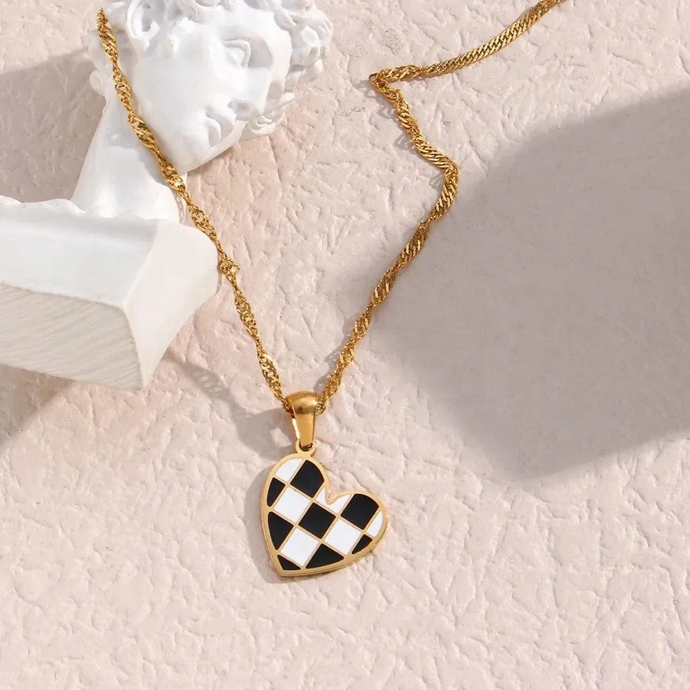 Checkered Enamel Heart Necklace
