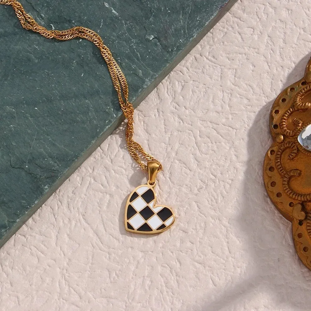 Checkered Enamel Heart Necklace
