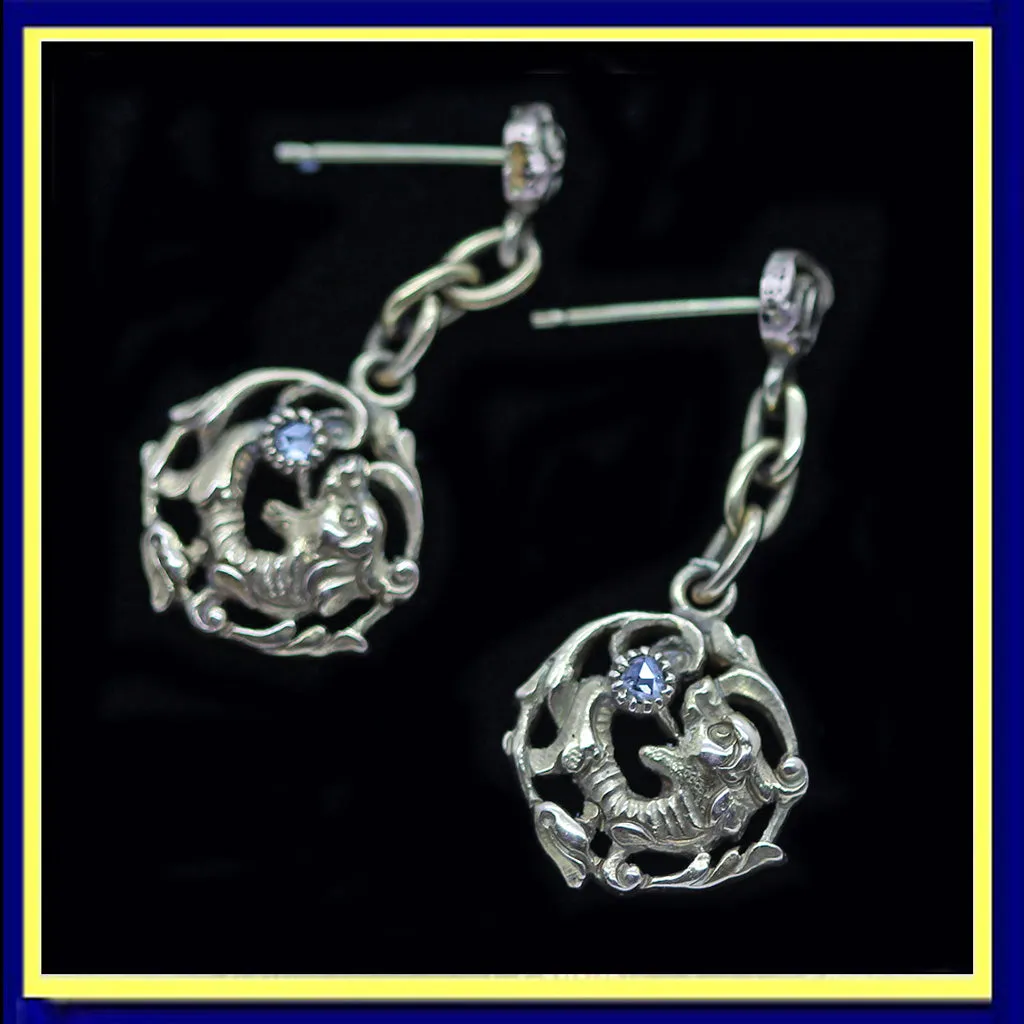 Chinese 14k gold diamond dragon Earrings dangle ear pendants antique (5417)