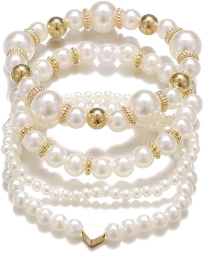 COLORFUL BLING Layered Pearl Stretch Bracelets Set for Women Daisy Flower Heart Star Simulated Pearl Stackable Elastic Bracelets Chunky Beaded Ball Adjustable Multilayer Bangles Wedding Jewelry Gift