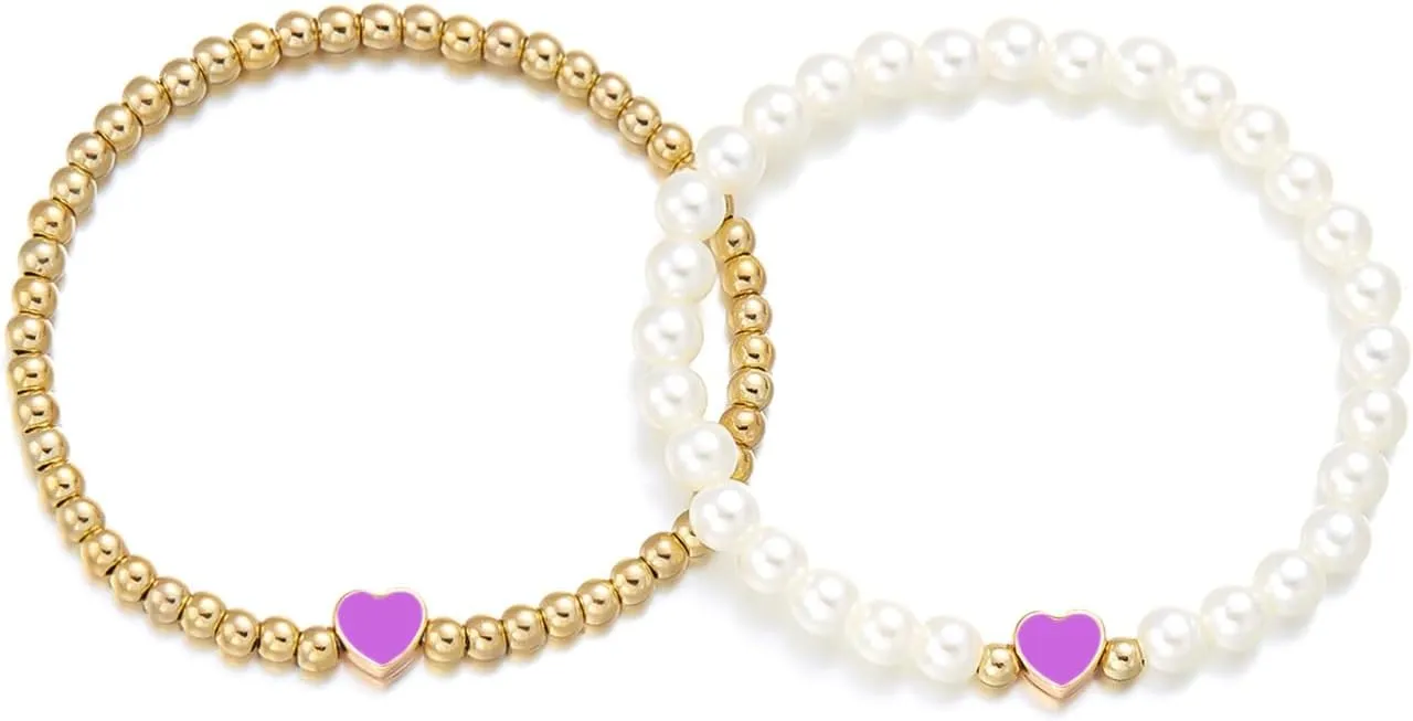 Colorful Heart Beaded Matching Couples Bracelets Chunky Simulated Pearl Stackable Stretch Bracelet Set Pinky Promise Heart Multilayered Elastic Bangles for Women Friendship Jewelry Gifts-Purple
