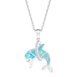 Created Blue Opal and Created White Sapphire Delightful Dolphin Pendant