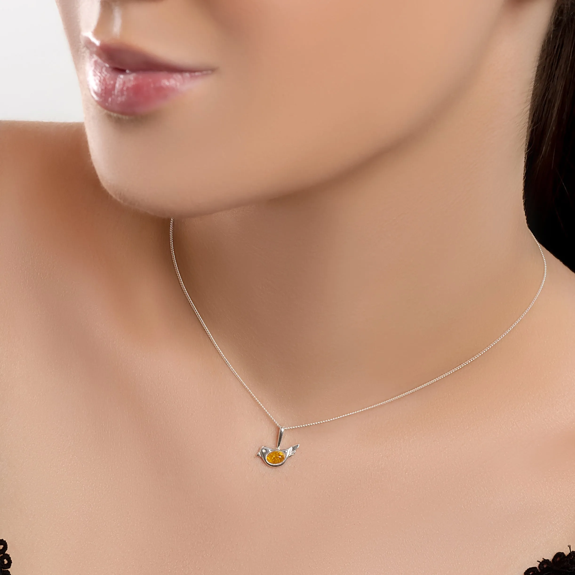 Cute Bird Necklace in Silver and Amber