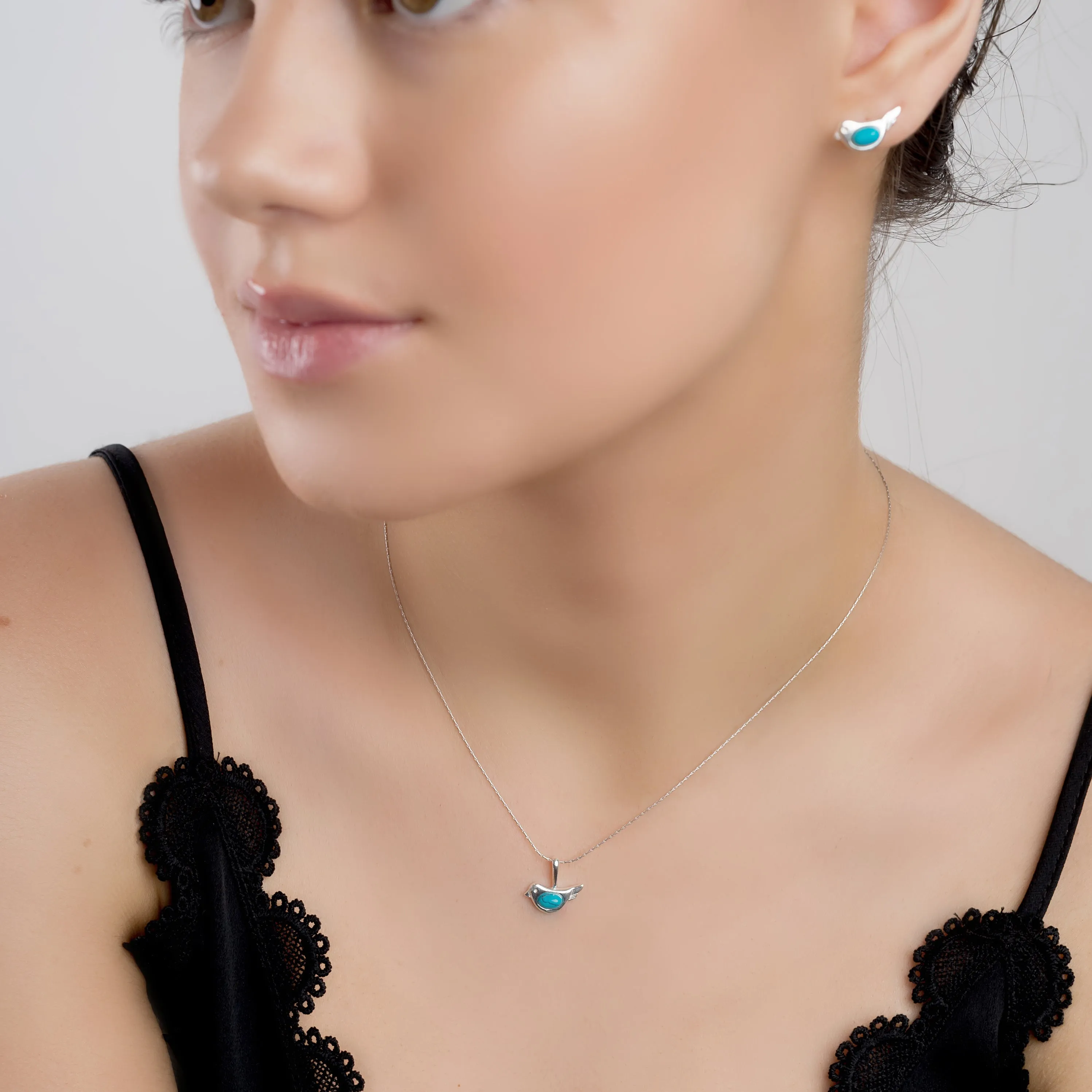 Cute Bird Necklace in Silver and Amber