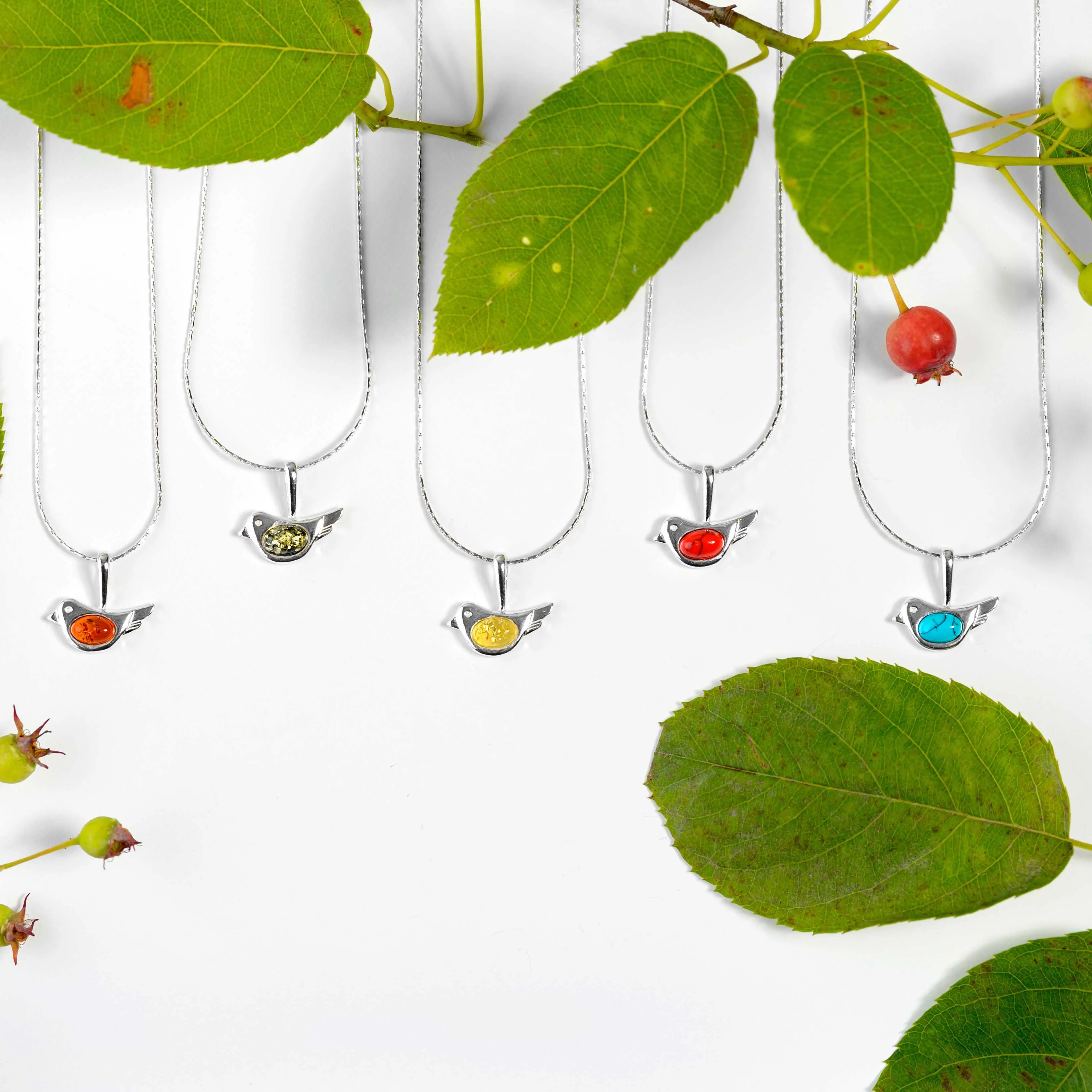 Cute Bird Necklace in Silver and Amber