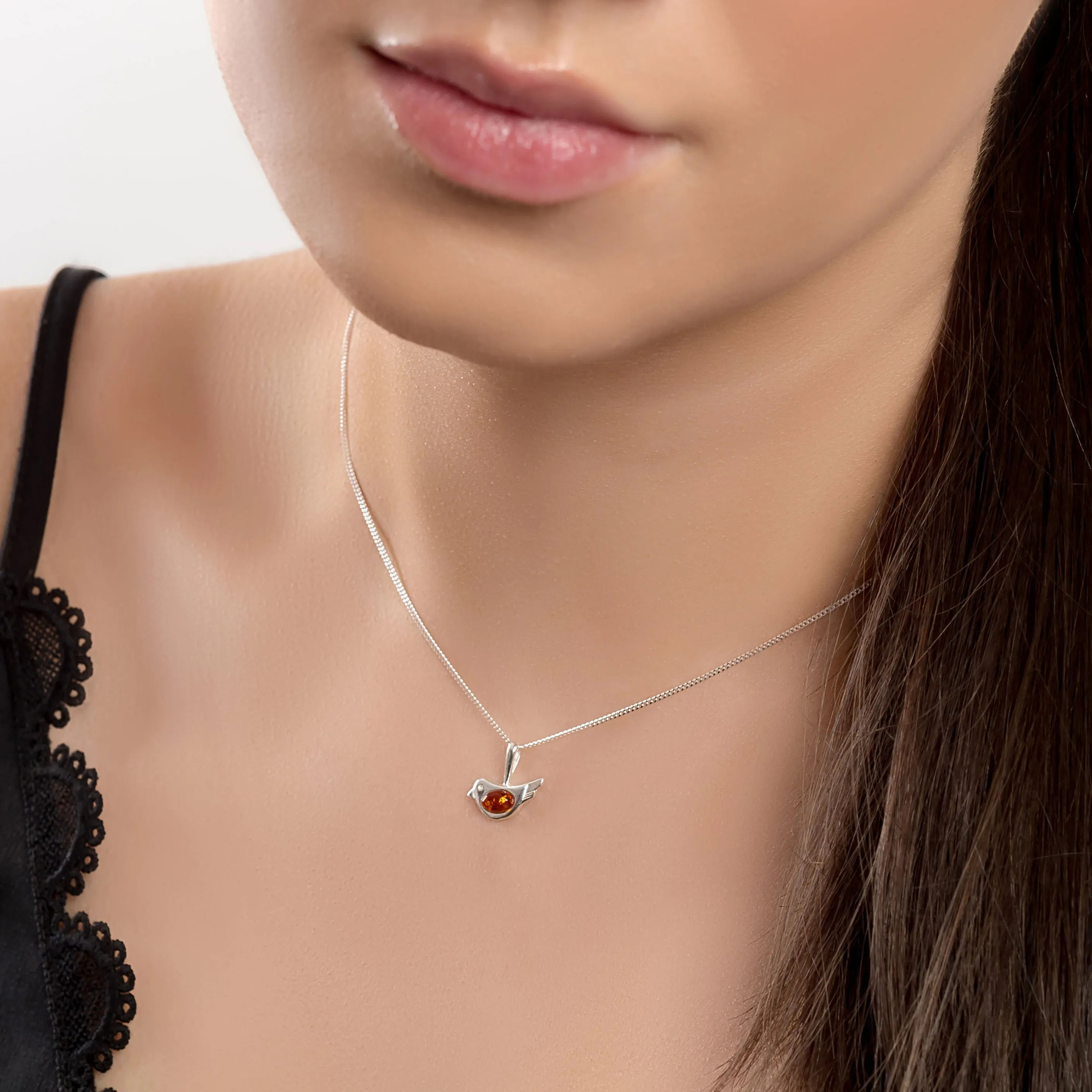 Cute Bird Necklace in Silver and Amber