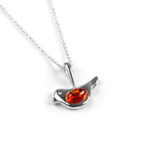 Cute Bird Necklace in Silver and Amber