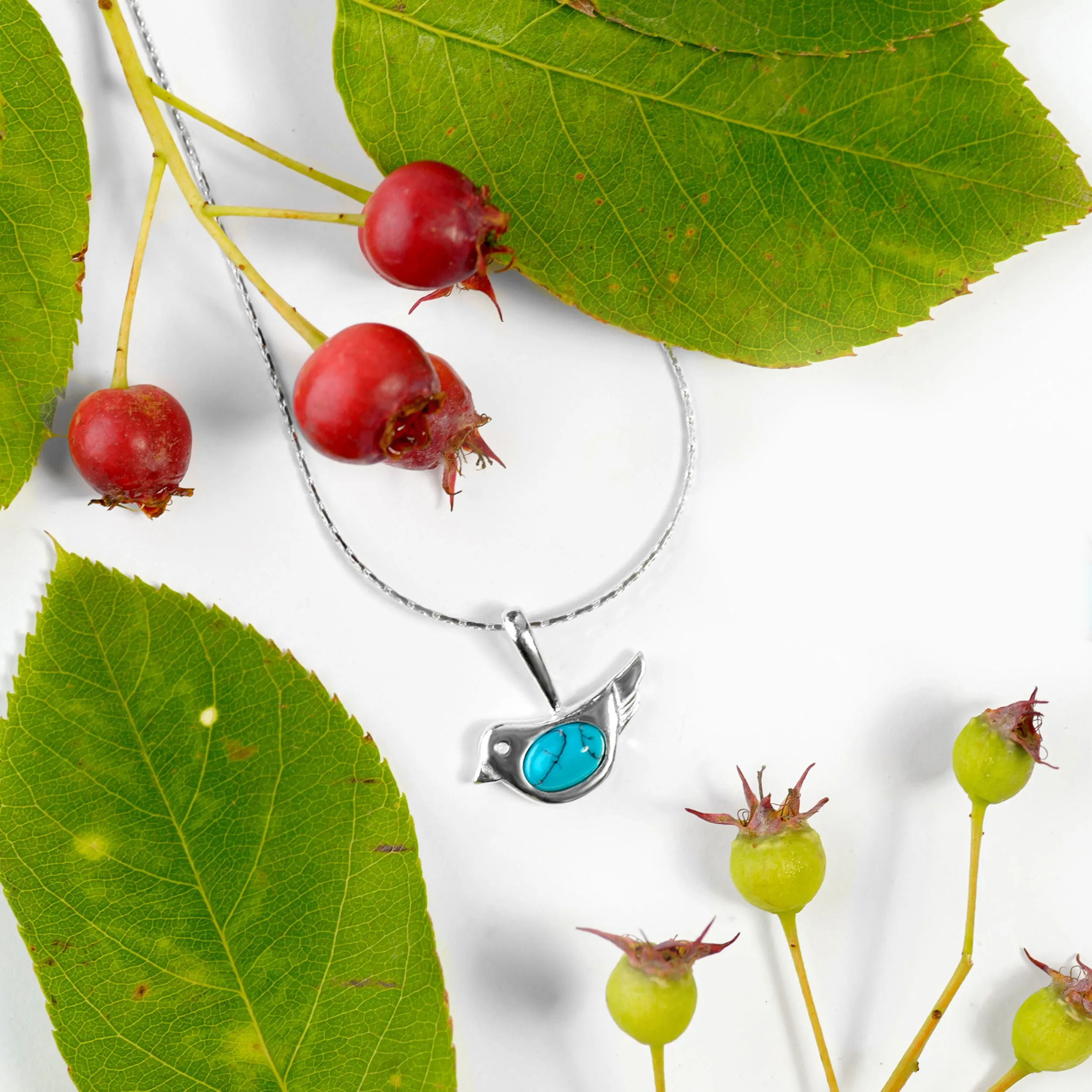 Cute Bird Necklace in Silver and Amber