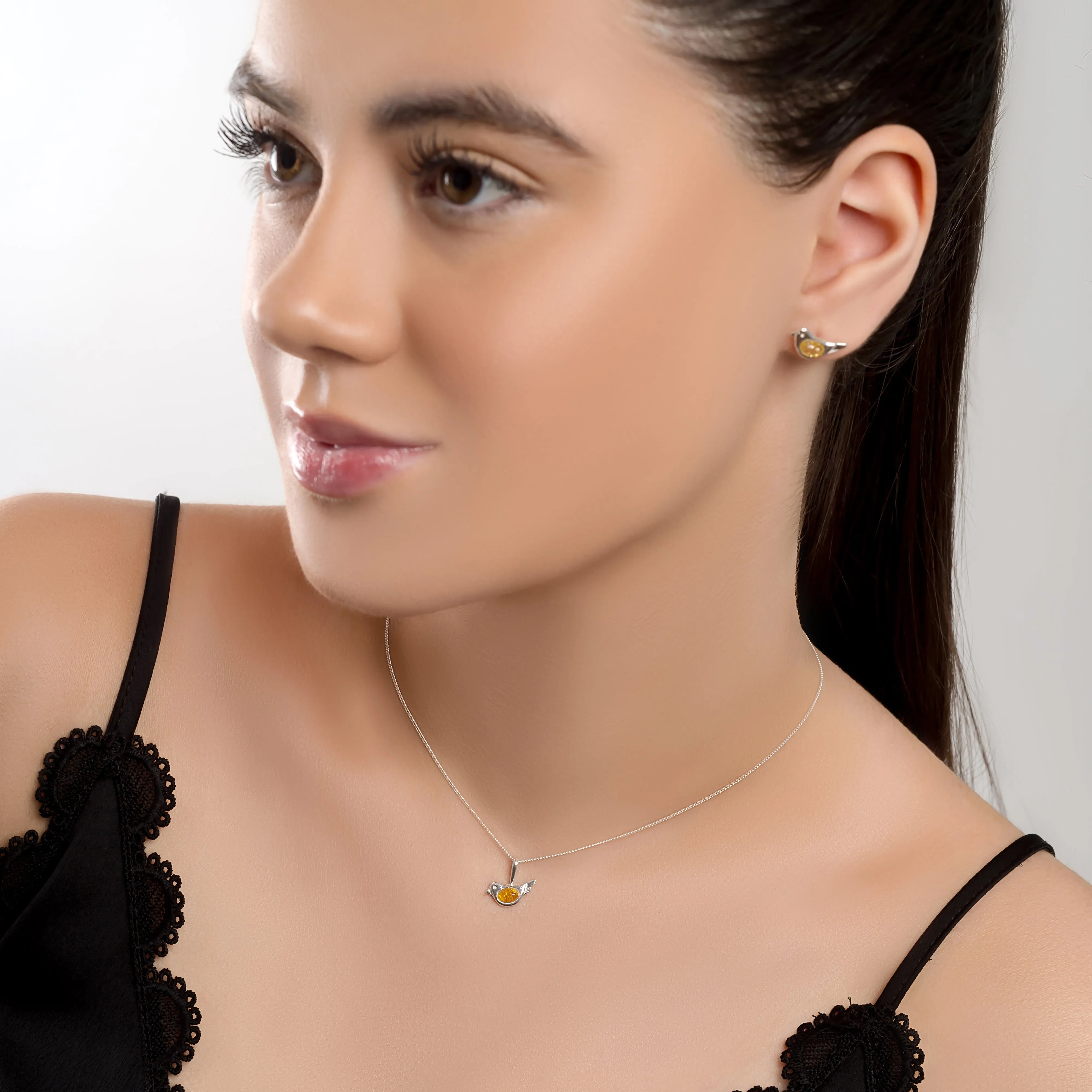 Cute Bird Necklace in Silver and Amber
