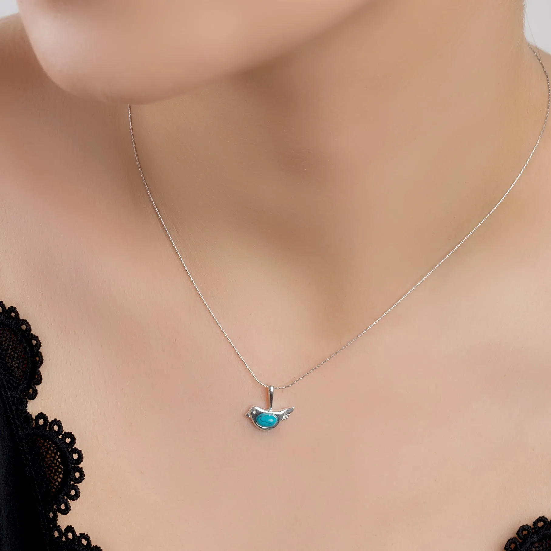 Cute Bird Necklace in Silver and Amber