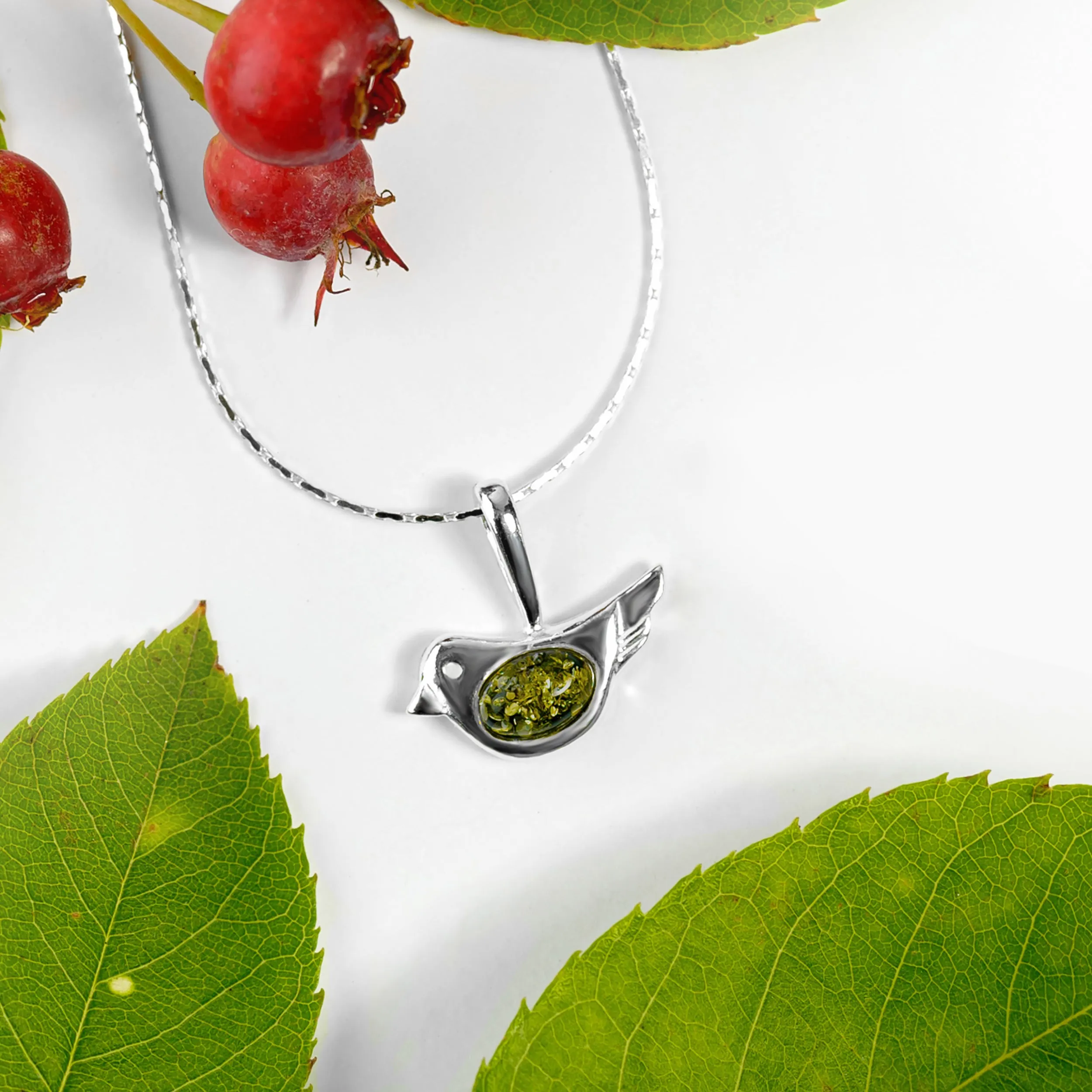 Cute Bird Necklace in Silver and Amber