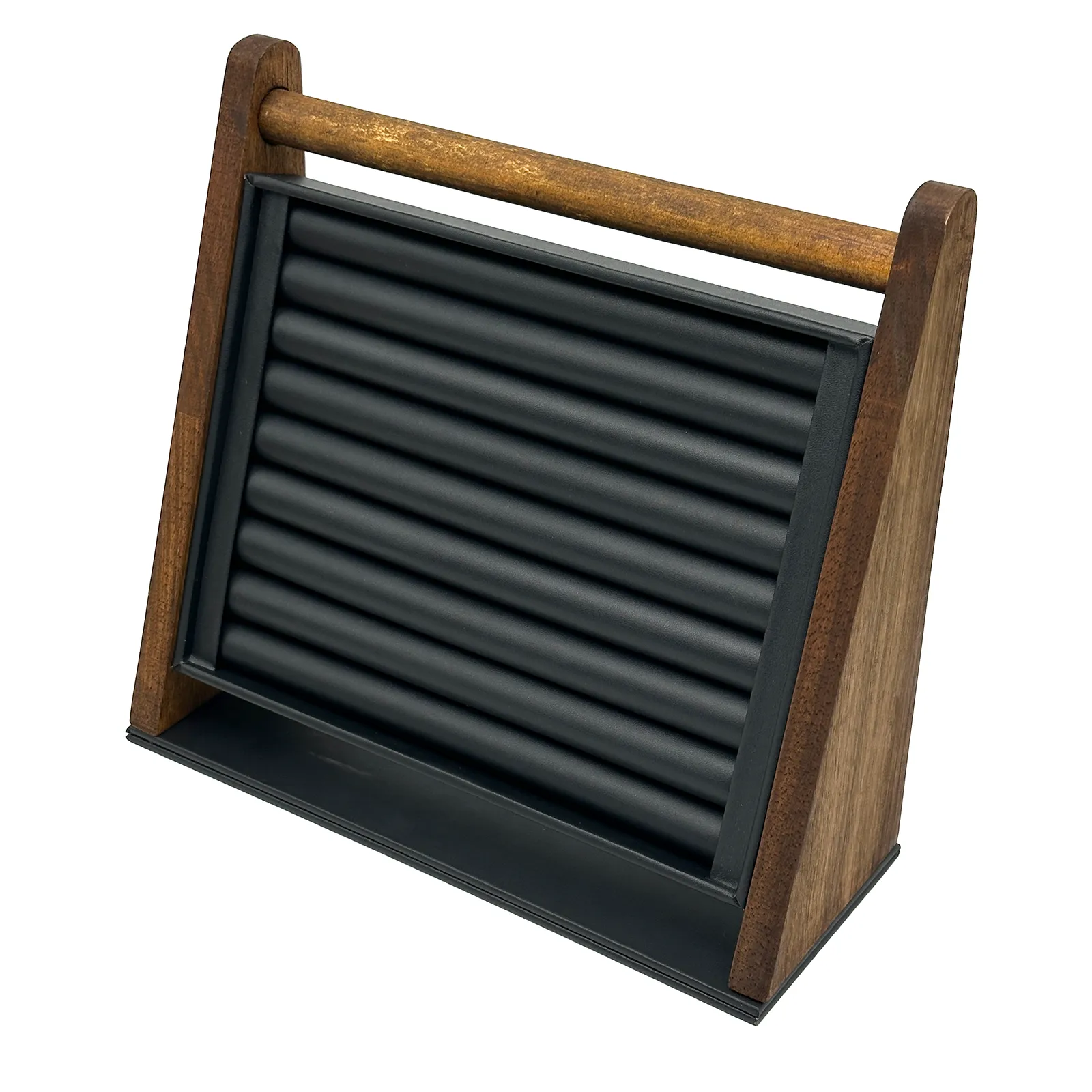Dark Oak Wood and Black Leatherette Ring Jewelry Display