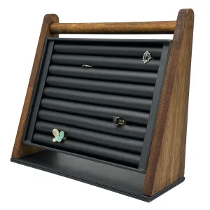 Dark Oak Wood and Black Leatherette Ring Jewelry Display
