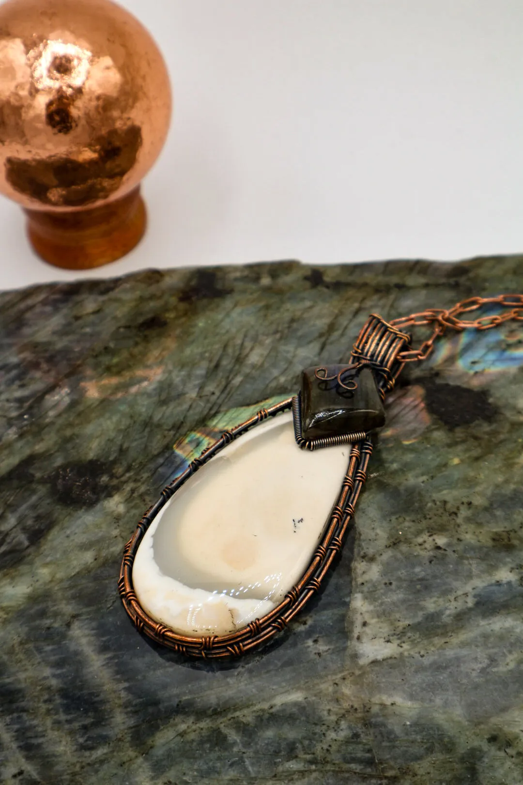 Dendrite Opal with Blue Fire Labradorite Handmade Copper Wrapped Pendant with Gemstones