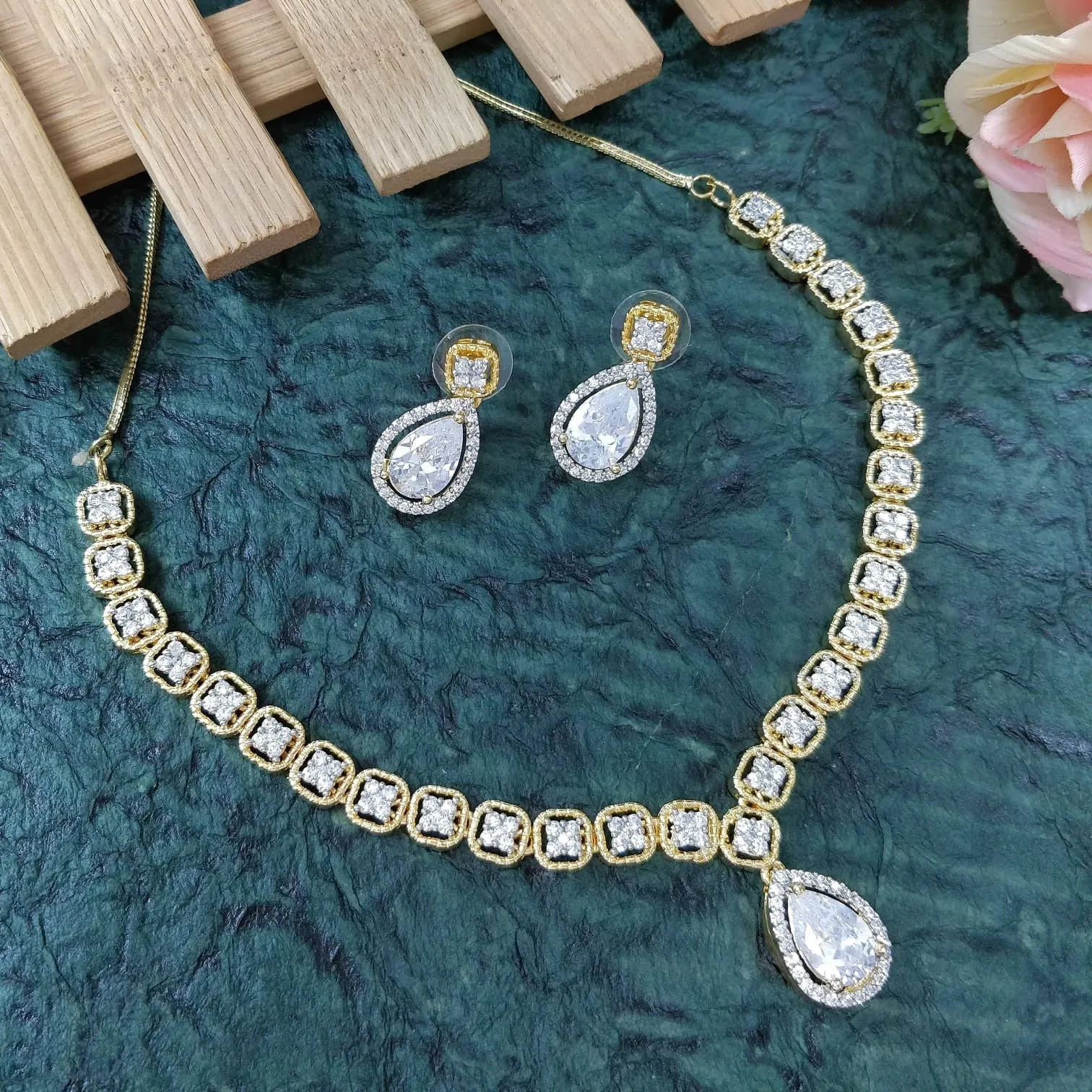Designer American Diamond With Studs Necklace Set (D918)