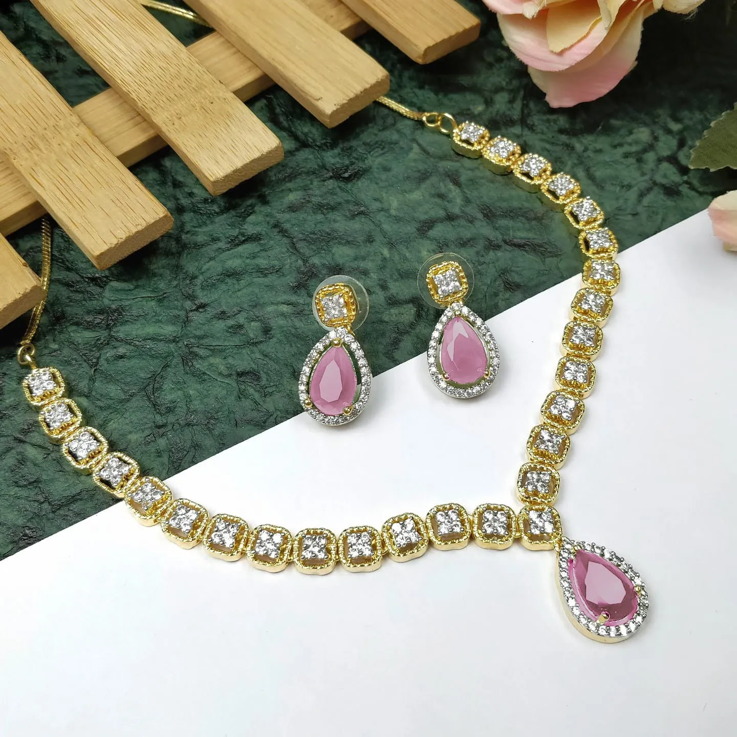 Designer American Diamond With Studs Necklace Set (D918)