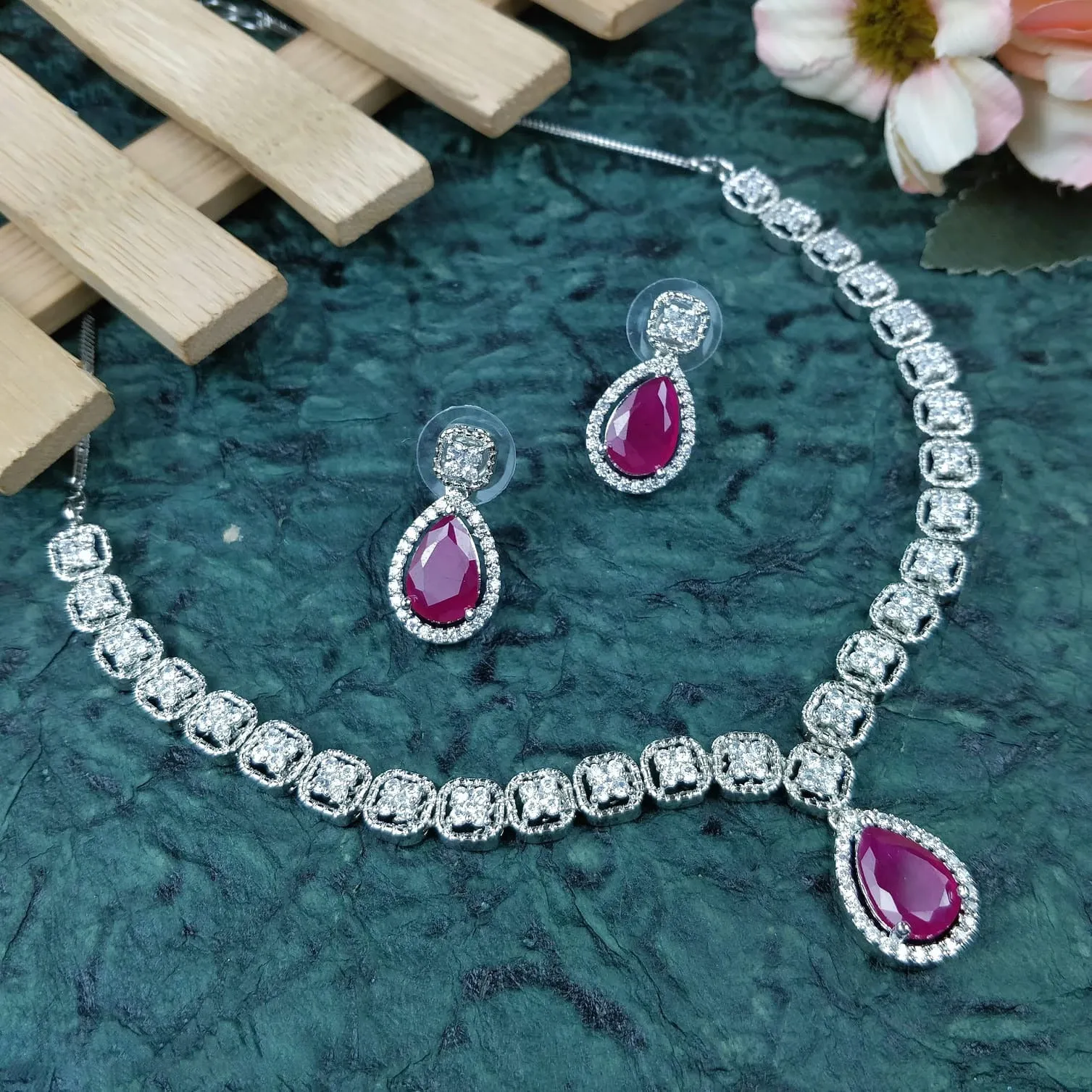 Designer American Diamond With Studs Necklace Set (D918)